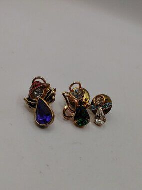Lot Of 3 Tie Tacks Angels Rhinestones Gold Tone purple Green Clear Colorless